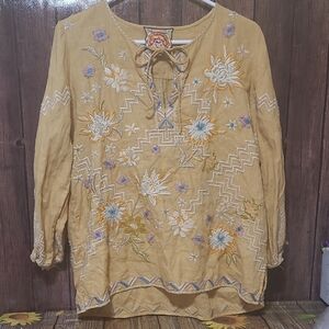 Johnny Was Mustard Floral Embroidered Linen Blouse